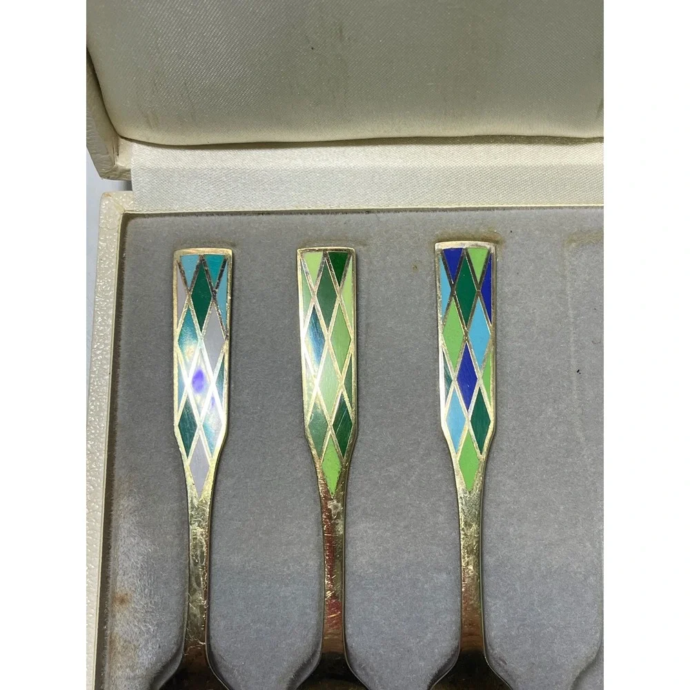 Vintage‎ Georg Jensen Sterling Silver Enamel Harlequin Dessert 7 Forks Denmark